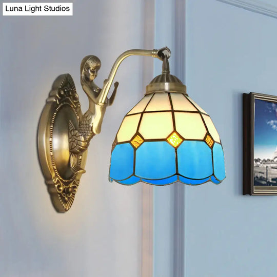 Living Room Wall Mounted Light: Bronze Mermaid Lamp With Blue & White Glass Shade