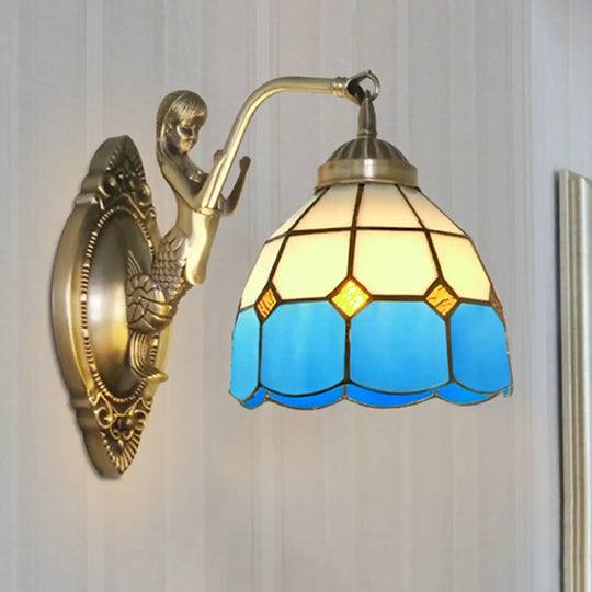 Living Room Wall Mounted Light: Bronze Mermaid Lamp With Blue & White Glass Shade Blue-White