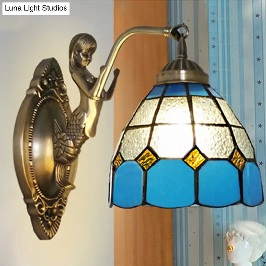 Living Room Wall Mounted Light: Bronze Mermaid Lamp With Blue & White Glass Shade