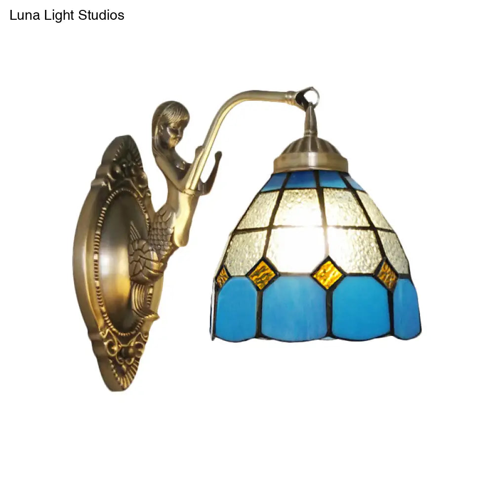 Living Room Wall Mounted Light: Bronze Mermaid Lamp With Blue & White Glass Shade