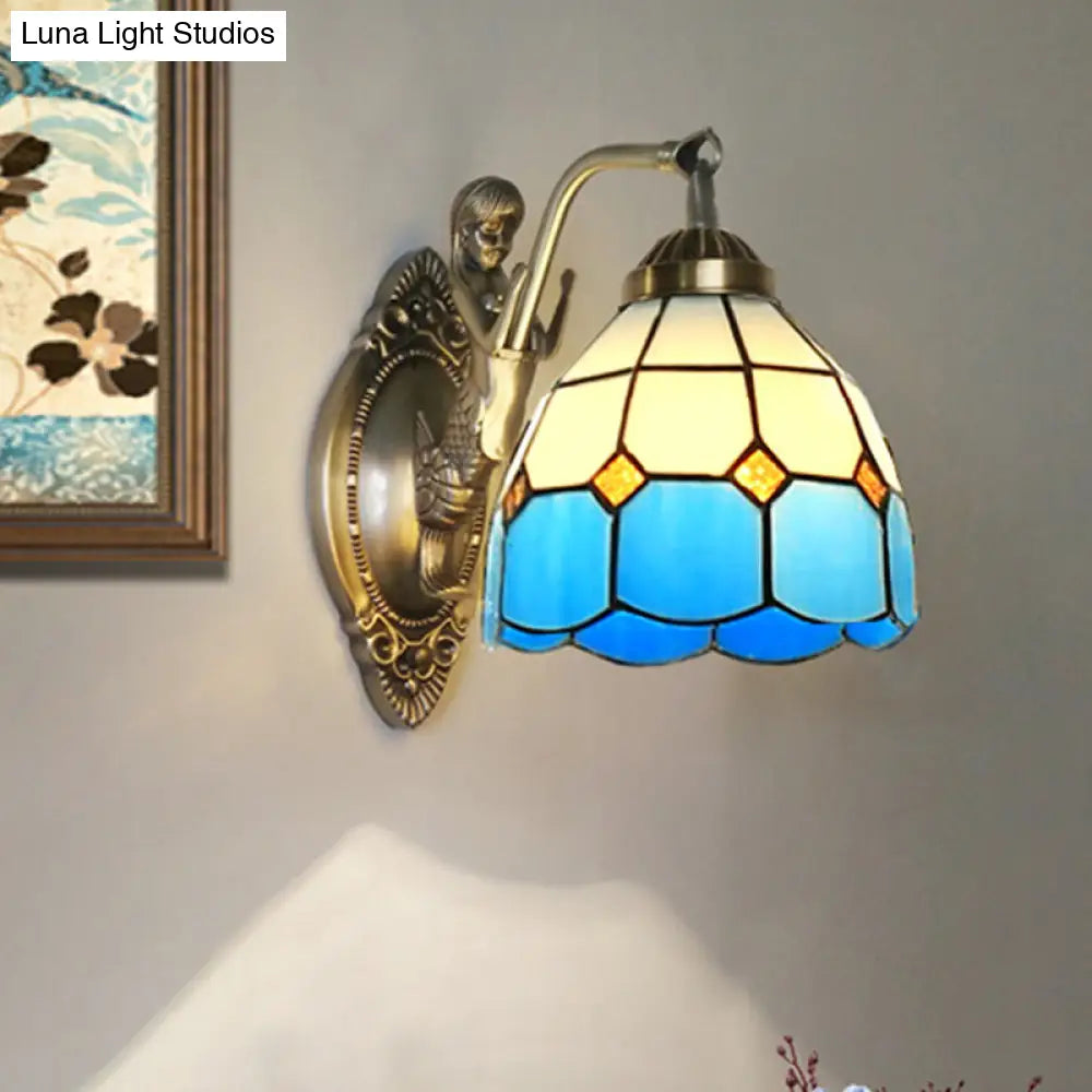 Living Room Wall Mounted Light: Bronze Mermaid Lamp With Blue & White Glass Shade