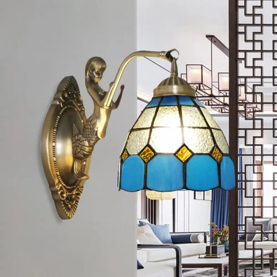 Living Room Wall Mounted Light: Bronze Mermaid Lamp With Blue & White Glass Shade