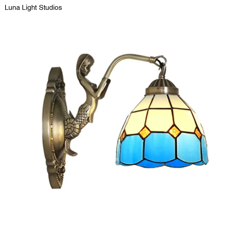 Living Room Wall Mounted Light: Bronze Mermaid Lamp With Blue & White Glass Shade