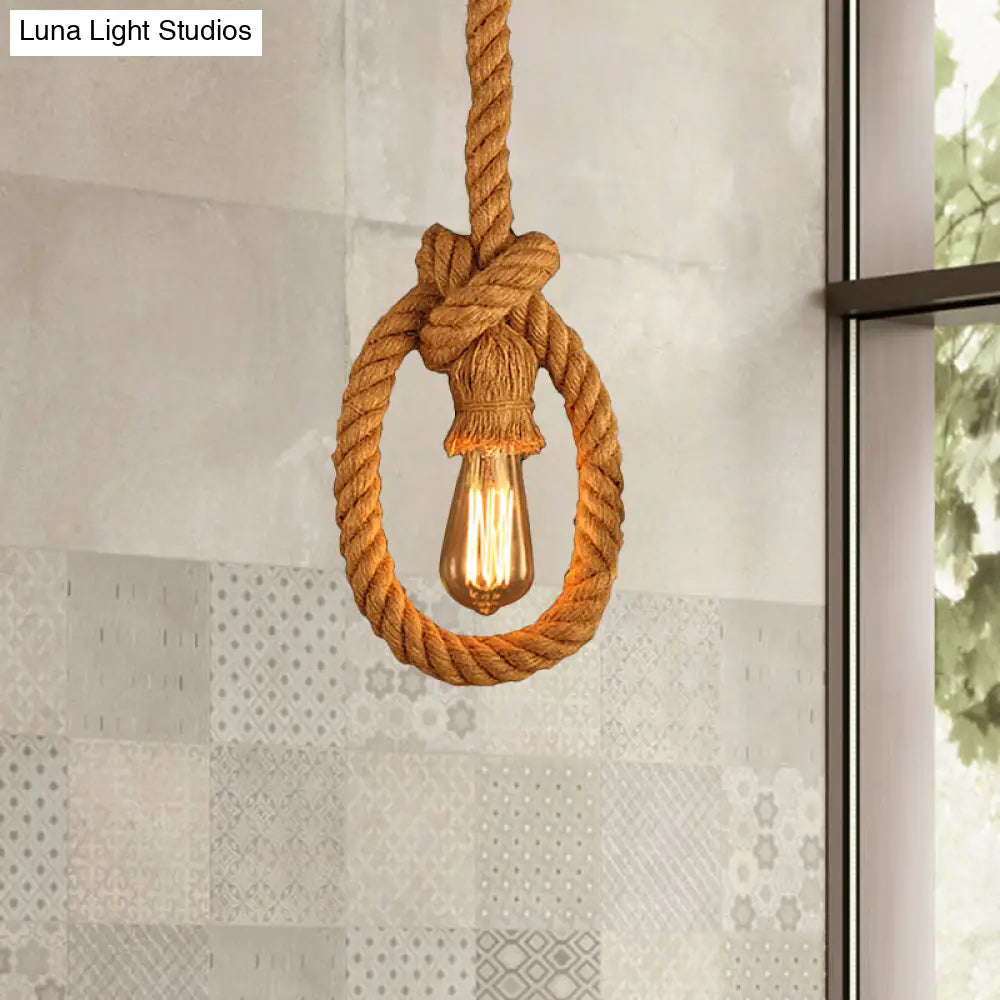 Lodge Beige Rope Pendant Light Fixture - Natural Adjustable Ceiling Lamp For Restaurants