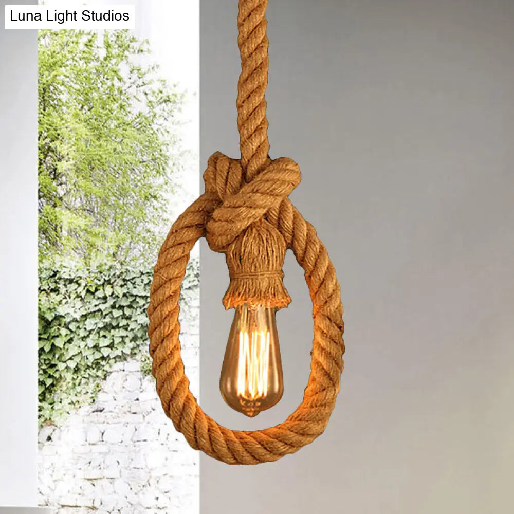 Natural Rope Pendant Lighting - Lodge Beige Open Bulb Ceiling Light Fixture