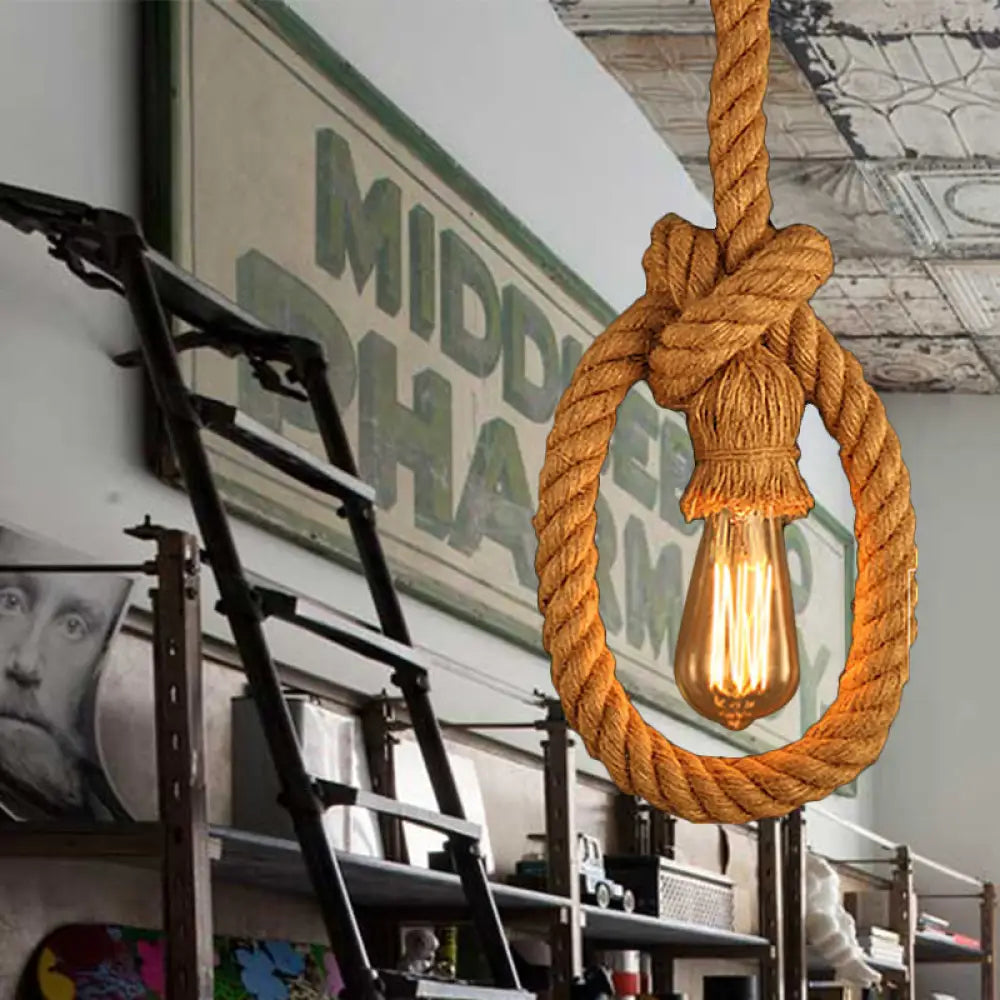 Lodge Beige Rope Pendant Light Fixture - Natural Adjustable Ceiling Lamp For Restaurants