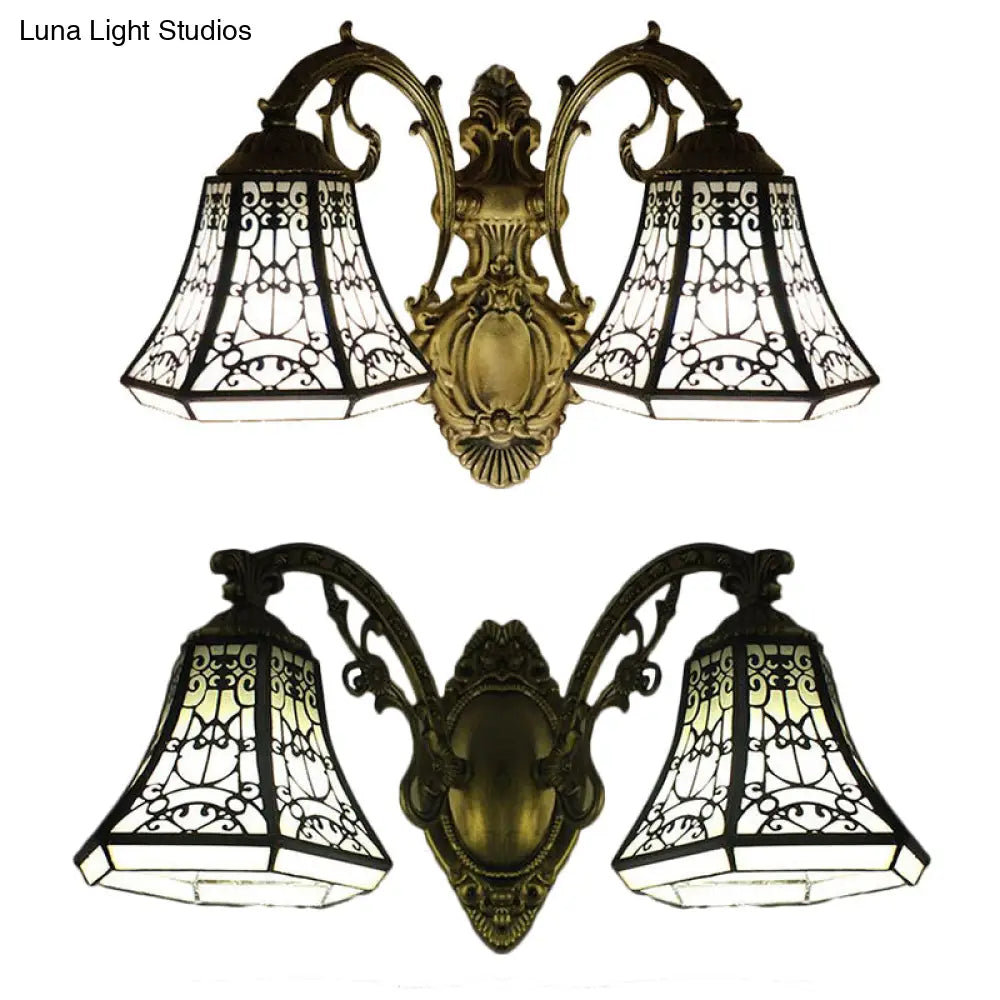 Lodge Bell Wall Sconce With Stained Glass Fence Design - 2 Lights