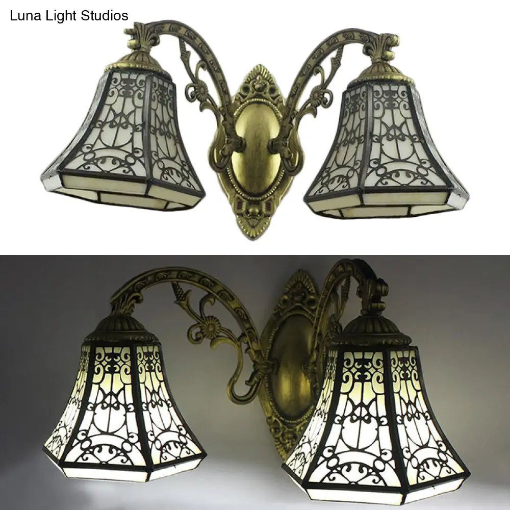 Lodge Bell Wall Sconce With Stained Glass Fence Design - 2 Lights