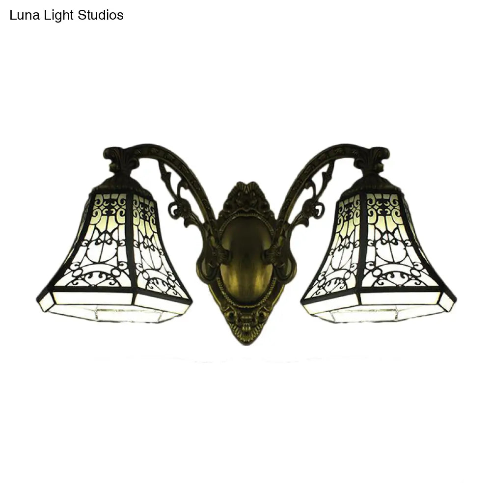 Lodge Bell Wall Sconce With Stained Glass Fence Design - 2 Lights