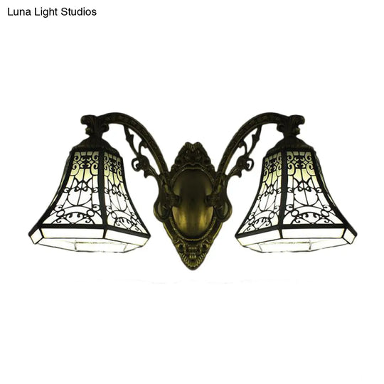 Lodge Bell Wall Sconce With Stained Glass Fence Design - 2 Lights