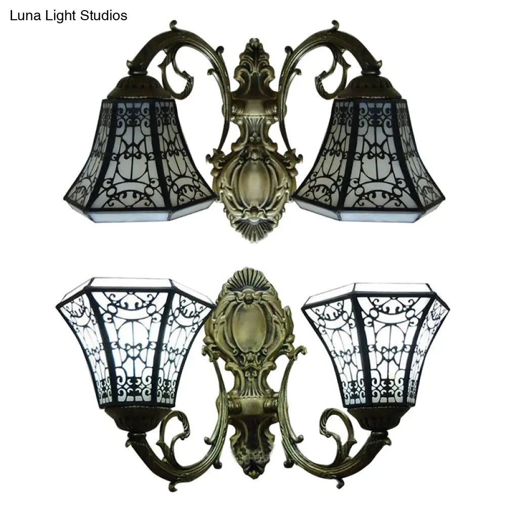 Lodge Bell Wall Sconce With Stained Glass Fence Design - 2 Lights