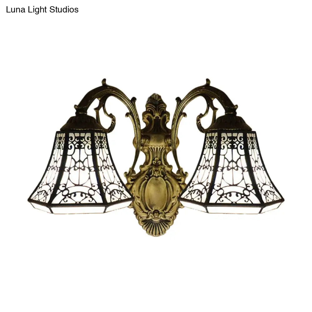 Lodge Bell Wall Sconce With Stained Glass Fence Design - 2 Lights