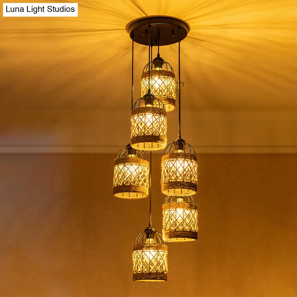 Cluster Pendant Light With Birdcage Design And Woven Rope In Brown - Available 3 Or 6 Heads / Round