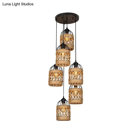 Cluster Pendant Light With Birdcage Design And Woven Rope In Brown - Available 3 Or 6 Heads