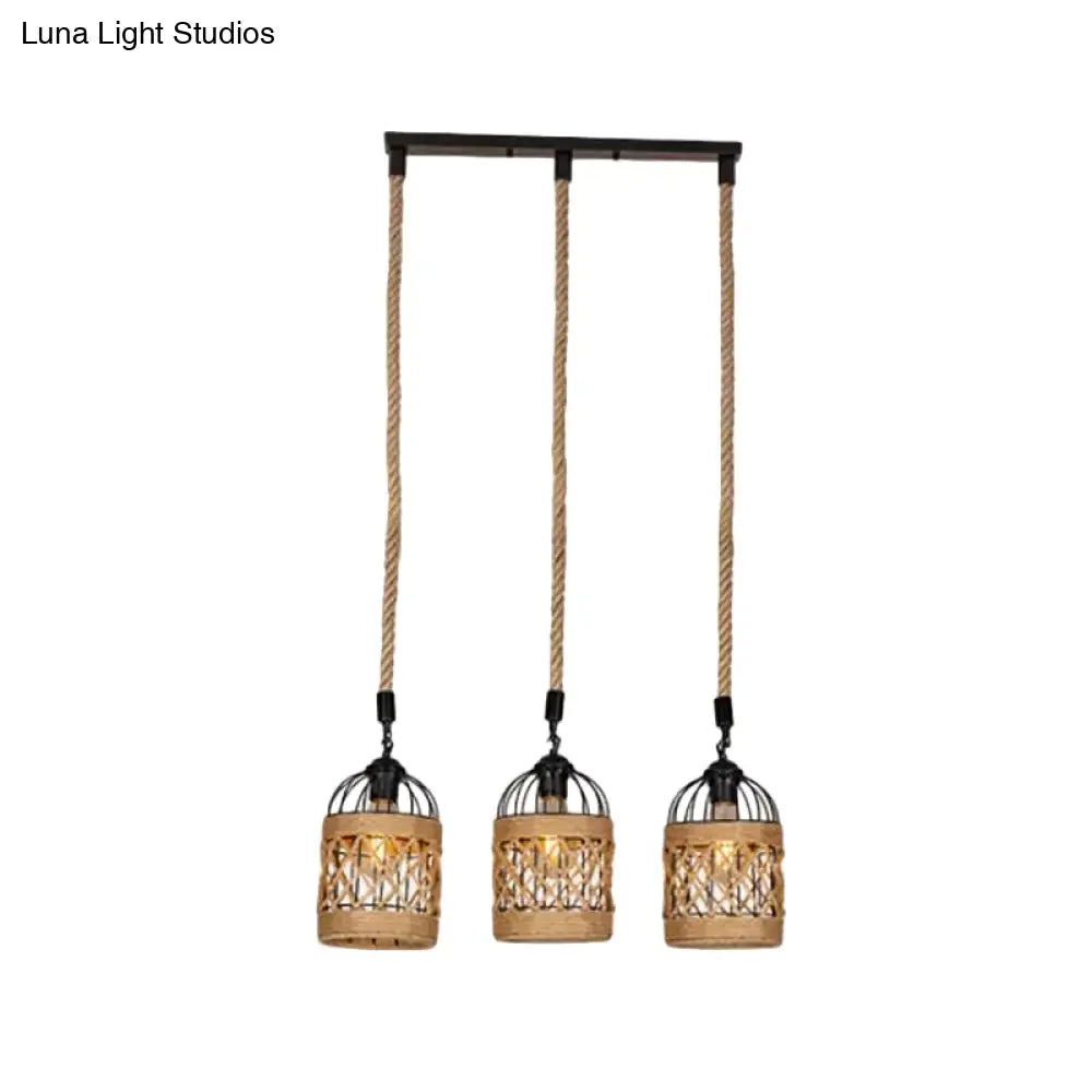 Lodge Birdcage Pendant Light Kit – Criss-Cross Woven Rope Brown 3/6 Heads Cluster Round/Linear