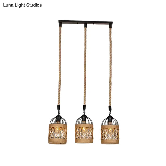 Lodge Birdcage Pendant Light Kit – Criss-Cross Woven Rope Brown 3/6 Heads Cluster Round/Linear