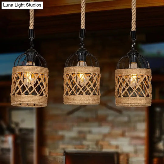 Cluster Pendant Light With Birdcage Design And Woven Rope In Brown - Available 3 Or 6 Heads / Linear