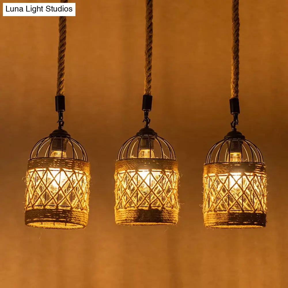 Cluster Pendant Light With Birdcage Design And Woven Rope In Brown - Available 3 Or 6 Heads