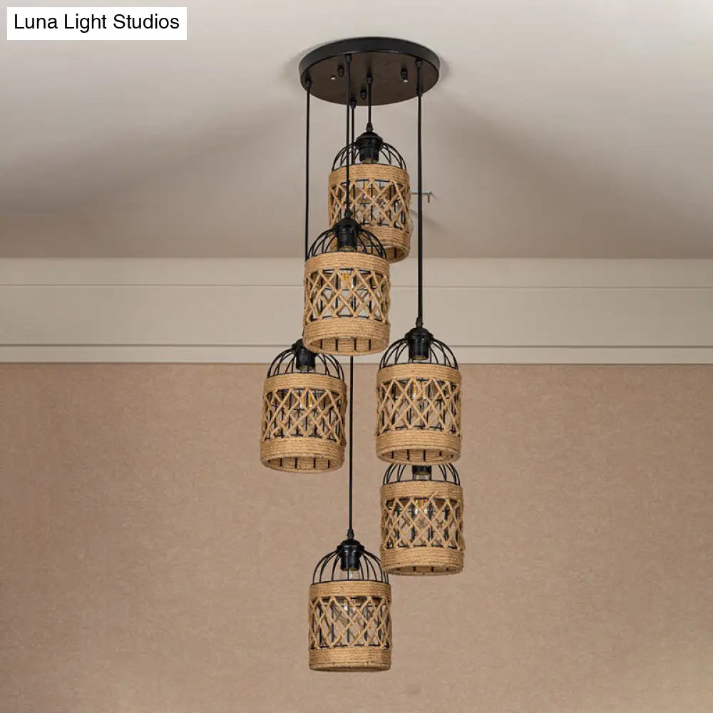 Cluster Pendant Light With Birdcage Design And Woven Rope In Brown - Available 3 Or 6 Heads