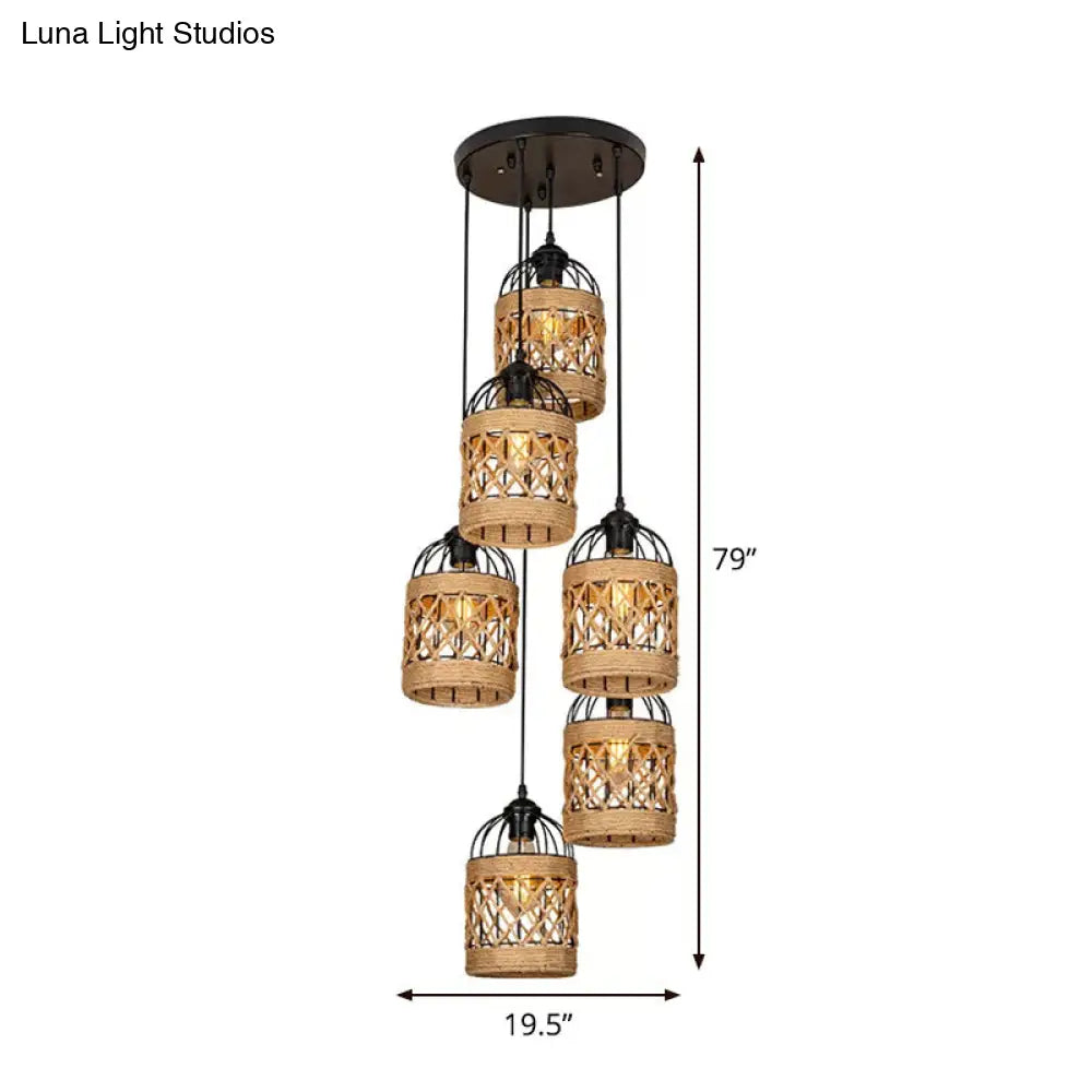 Cluster Pendant Light With Birdcage Design And Woven Rope In Brown - Available 3 Or 6 Heads