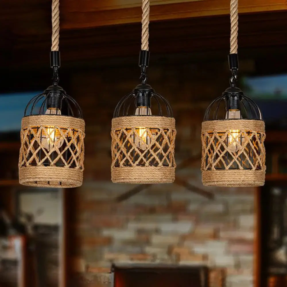 Lodge Birdcage Pendant Light Kit – Criss-Cross Woven Rope Brown 3/6 Heads Cluster Round/Linear