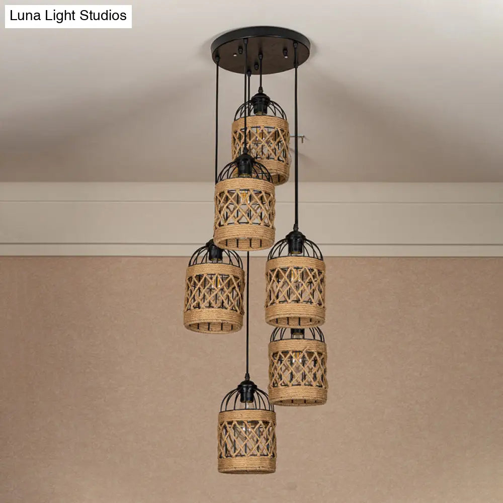 Lodge Birdcage Pendant Light Kit – Criss-Cross Woven Rope Brown 3/6 Heads Cluster Round/Linear