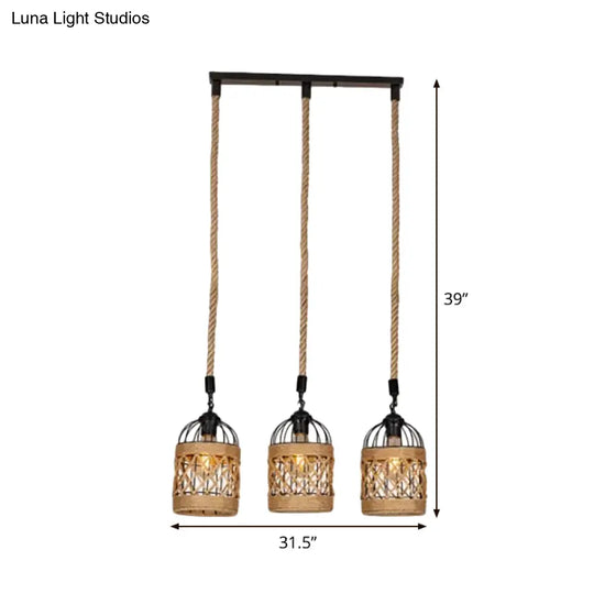 Lodge Birdcage Pendant Light Kit – Criss-Cross Woven Rope Brown 3/6 Heads Cluster Round/Linear