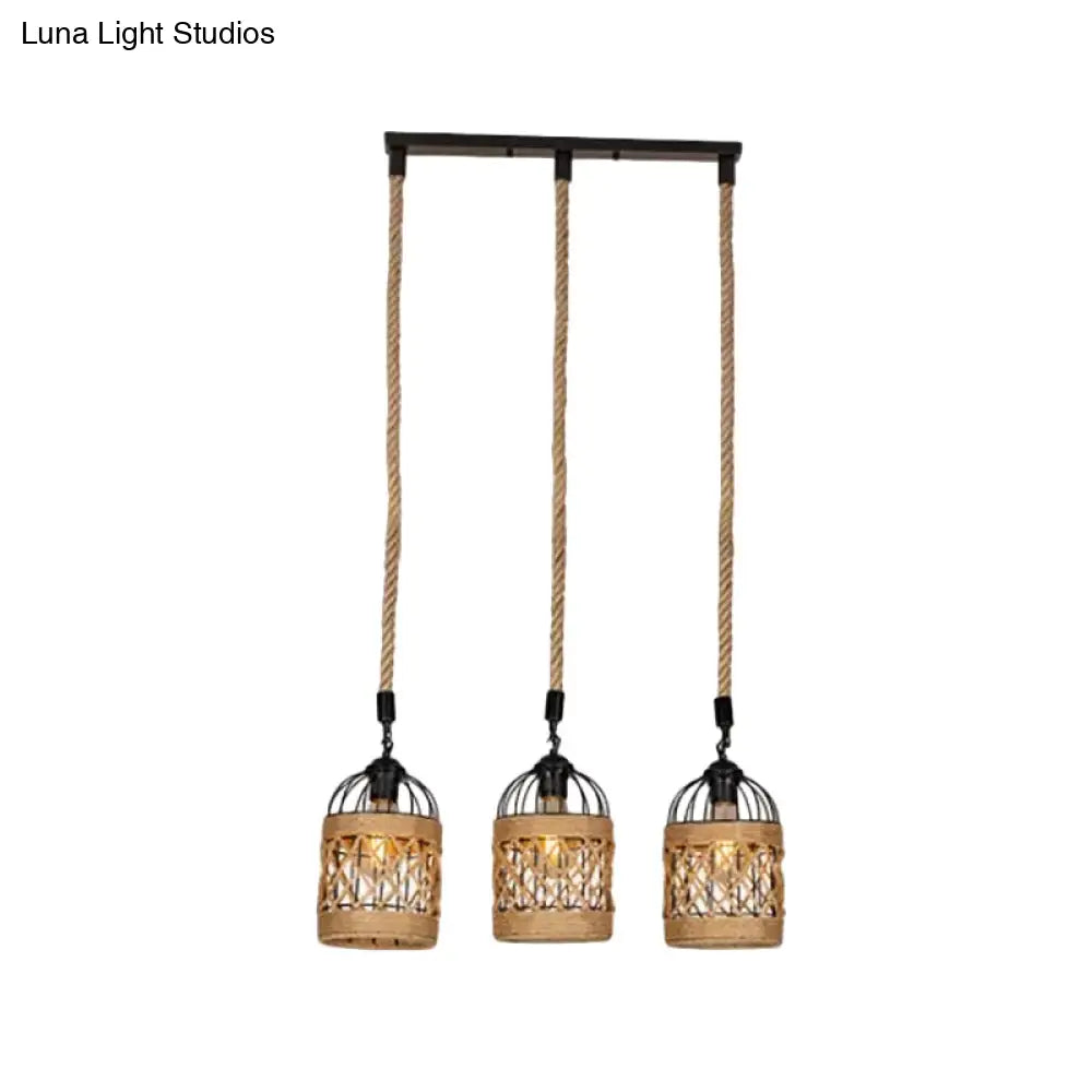 Cluster Pendant Light With Birdcage Design And Woven Rope In Brown - Available 3 Or 6 Heads