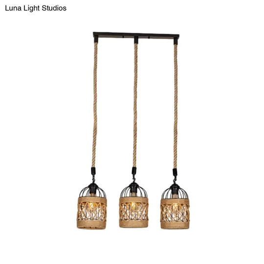 Cluster Pendant Light With Birdcage Design And Woven Rope In Brown - Available 3 Or 6 Heads