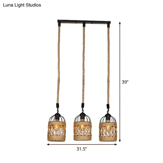 Cluster Pendant Light With Birdcage Design And Woven Rope In Brown - Available 3 Or 6 Heads