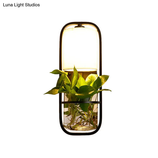 Lodge Black/White/Gold Wall Lamp: 1 Bulb Cylindrical Sconce Light With Warm/White Lighting And Plant