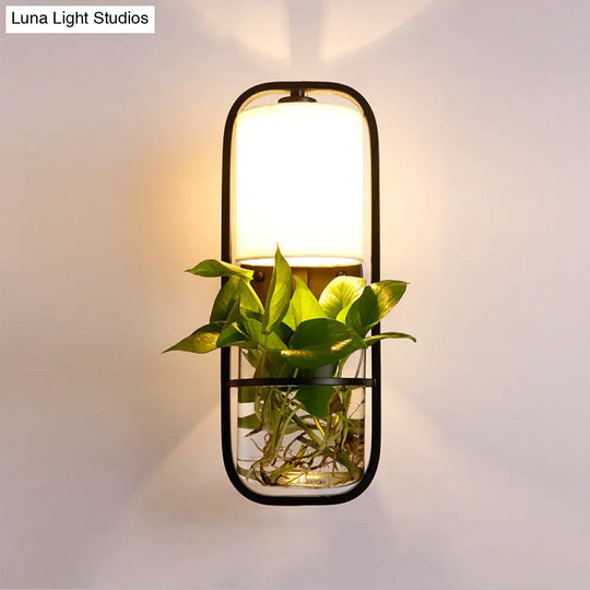 Lodge Black/White/Gold Wall Lamp: 1 Bulb Cylindrical Sconce Light With Warm/White Lighting And Plant