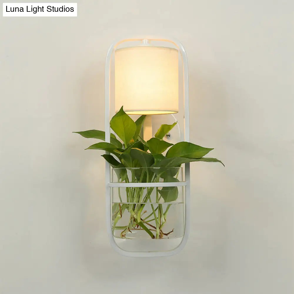 Lodge Black/White/Gold Wall Lamp: 1 Bulb Cylindrical Sconce Light With Warm/White Lighting And Plant