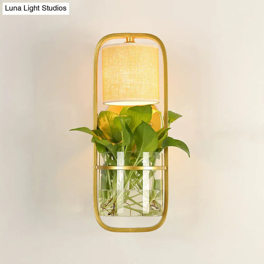 Lodge Black/White/Gold Wall Lamp: 1 Bulb Cylindrical Sconce Light With Warm/White Lighting And Plant