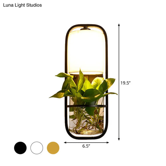 Lodge Black/White/Gold Wall Lamp: 1 Bulb Cylindrical Sconce Light With Warm/White Lighting And Plant