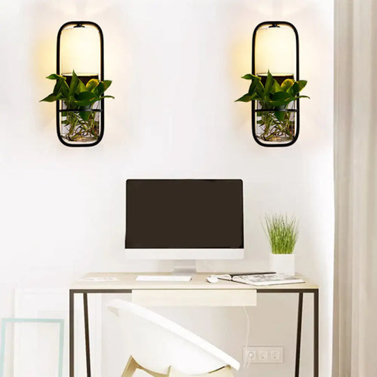 Lodge Black/White/Gold Wall Lamp: 1 Bulb Cylindrical Sconce Light With Warm/White Lighting And Plant