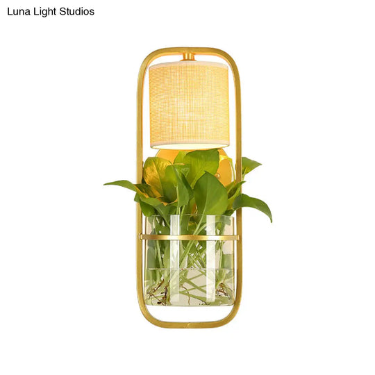 Lodge Black/White/Gold Wall Lamp: 1 Bulb Cylindrical Sconce Light With Warm/White Lighting And Plant