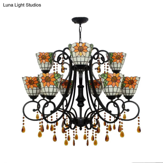 Lodge Bowl Chandelier: Stained Glass Inverted Chandelier With 11 Lights And Crystal In Orange