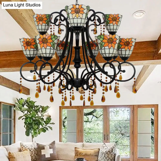 Lodge Bowl Chandelier - Stained Glass Decorative Inverted Light Fixture With Crystal Accents In