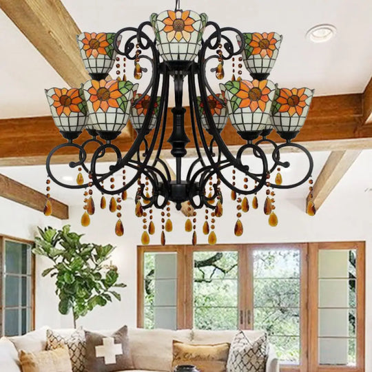 Lodge Bowl Chandelier: Stained Glass Inverted Chandelier With 11 Lights And Crystal In Orange