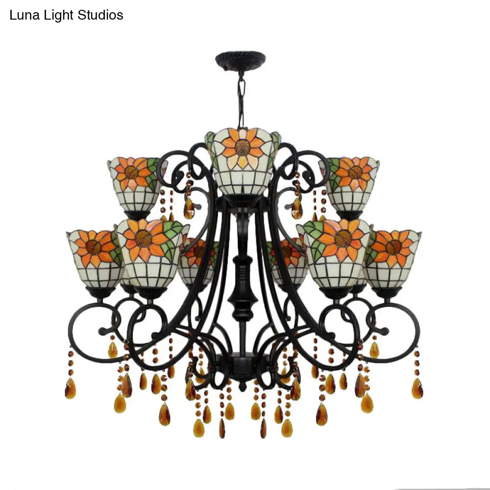 Lodge Bowl Chandelier - Stained Glass Decorative Inverted Light Fixture With Crystal Accents In