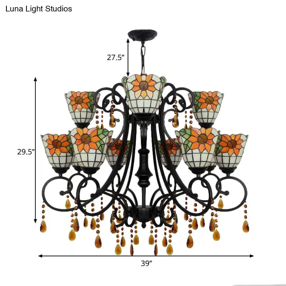 Lodge Bowl Chandelier - Stained Glass Decorative Inverted Light Fixture With Crystal Accents In