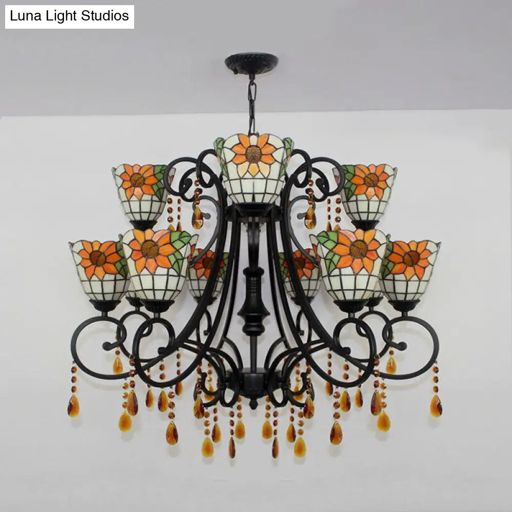 Lodge Bowl Chandelier - Stained Glass Decorative Inverted Light Fixture With Crystal Accents In