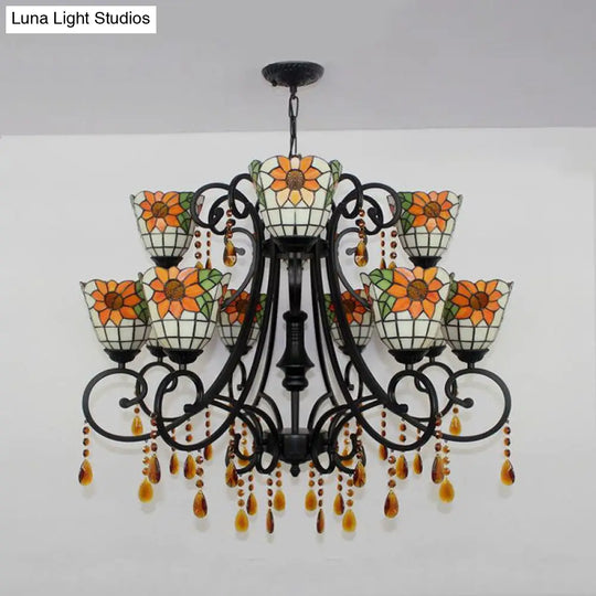 Lodge Bowl Chandelier - Stained Glass Decorative Inverted Light Fixture With Crystal Accents In