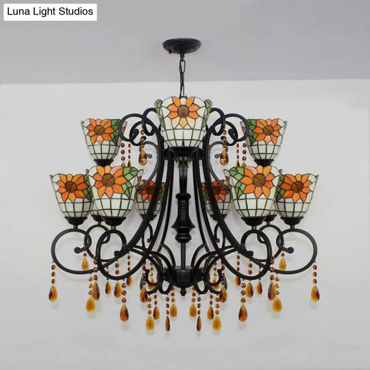 Lodge Bowl Chandelier: Stained Glass Inverted Chandelier With 11 Lights And Crystal In Orange