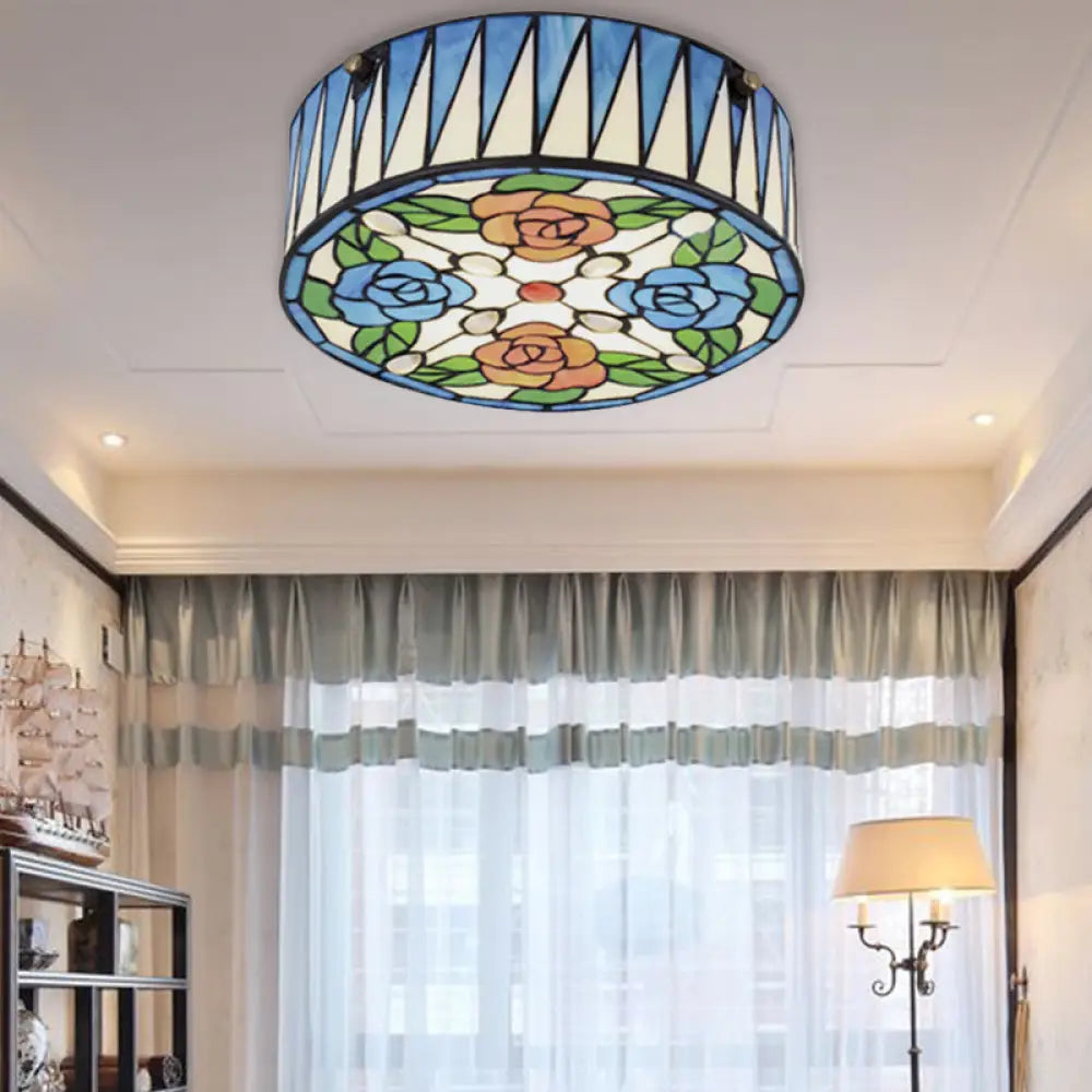 Lodge Ceiling Light: Rose Pattern With Blue Glass Lampshade