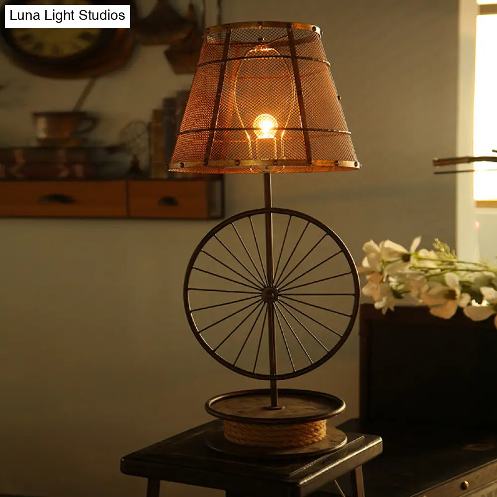 Lodge Cone Shade Table Lamp - Stylish Mesh Design 1 Bulb Iron Desk Light With Wheel Deco In Bronze