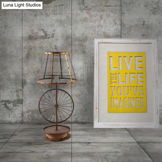 Lodge Cone Shade Table Lamp - Stylish Mesh Design 1 Bulb Iron Desk Light With Wheel Deco In Bronze