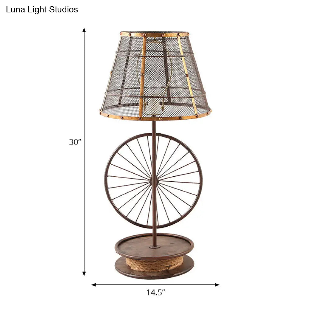 Lodge Cone Shade Table Lamp - Stylish Mesh Design 1 Bulb Iron Desk Light With Wheel Deco In Bronze