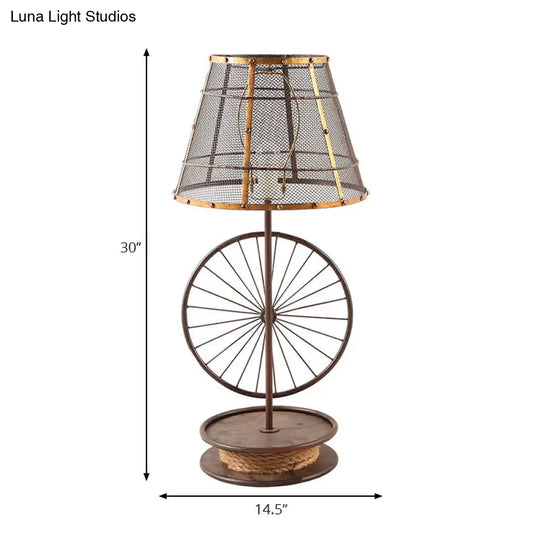 Lodge Cone Shade Table Lamp - Stylish Mesh Design 1 Bulb Iron Desk Light With Wheel Deco In Bronze